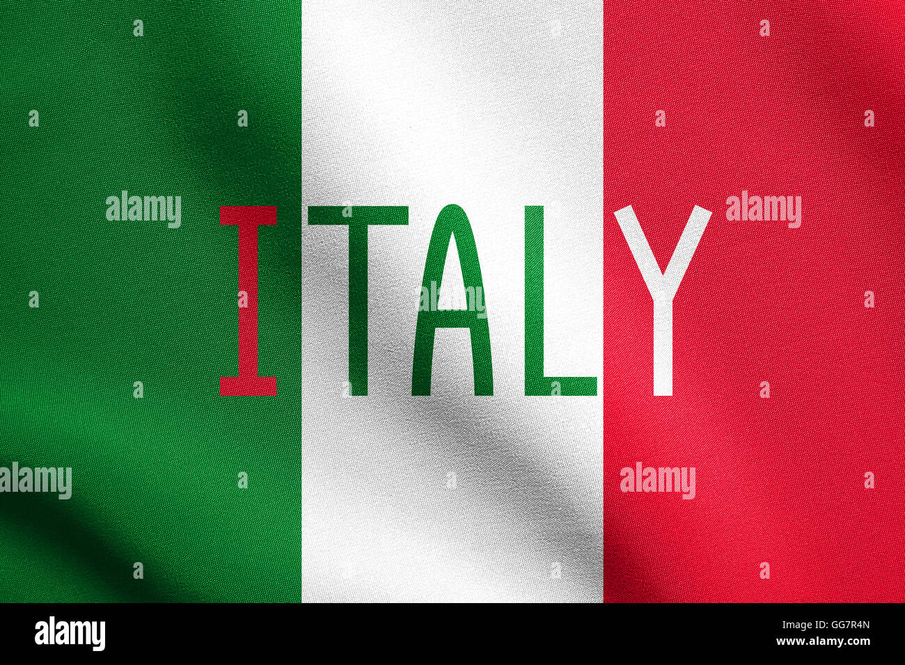 Bandiera dell'Italia sventolare nel vento con tessuto dettagliate texture. Nazionale Italiana di flag. Parola d'Italia. Foto Stock