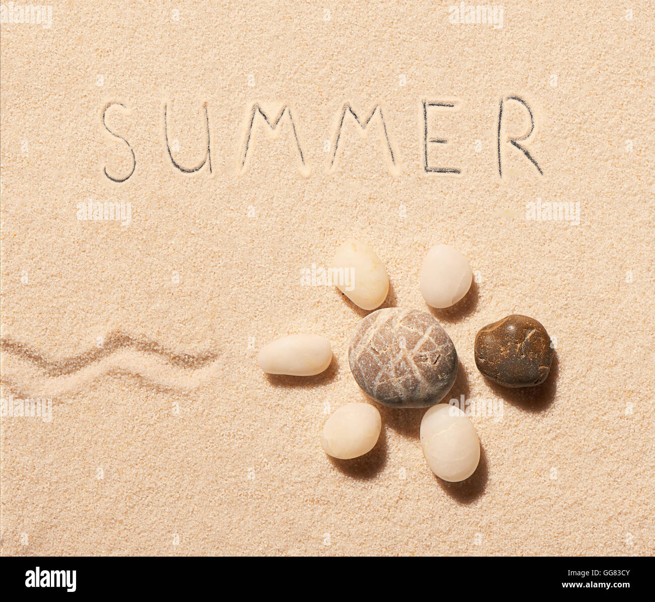 Turtle fatta di pietre di mare con marchio della coda e estate lettering disegnato sulla sabbia. Estate spiaggia sfondo. Vista da sopra Foto Stock