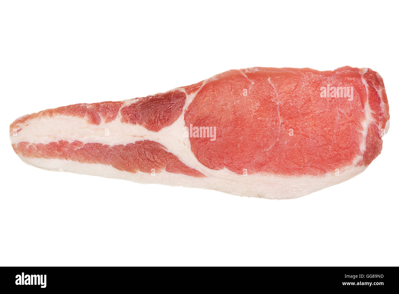 Materie bacon slice isolato su bianco. Da sopra. Foto Stock