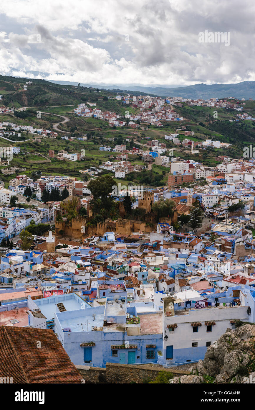 Vista la Kasbah di Chefchaouen, Marocco Foto Stock