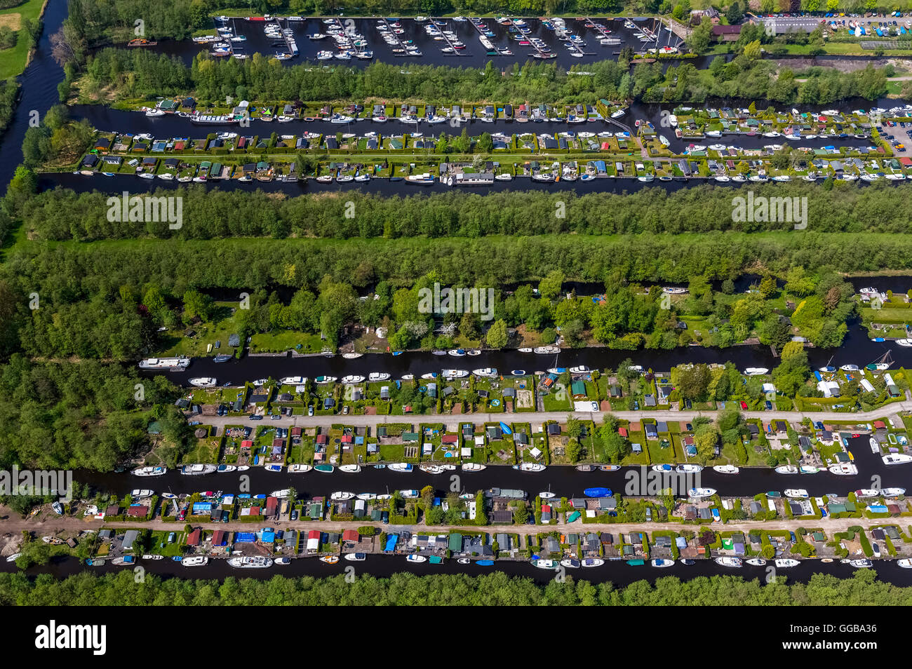 Vista aerea, Boomhoek Loosdrecht, boathouses, parco imbarcazioni Briljant Bungalow, Loosdrecht, North Holland, Paesi Bassi, l'Europa,aereo Foto Stock