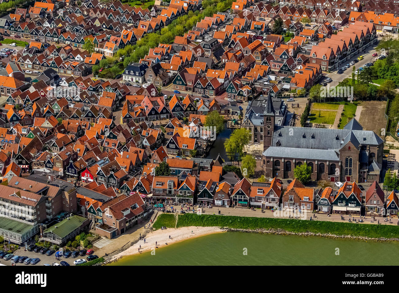 Vista aerea, Vincentiuskerk, Vincentius chiesa, Volendam al Markermeer, North Holland, Volendam, Paesi Bassi, North Holland, Foto Stock