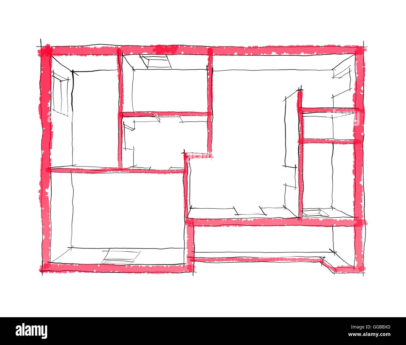 2D illustrazione freehand schizzo rendering di vuoto scoperchiata home appartamento Foto Stock