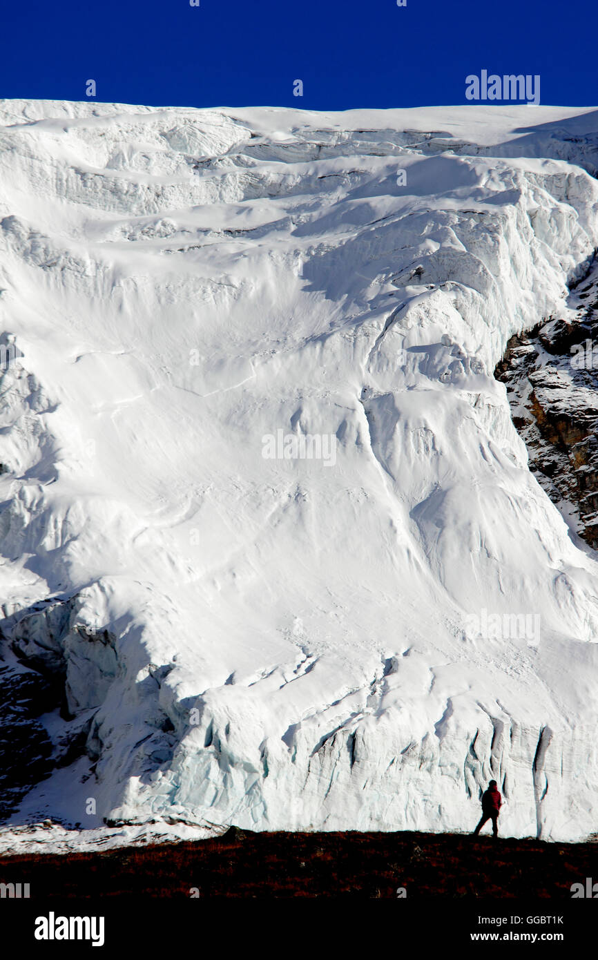 Scalatore sopraffatte da campi di neve e il ghiacciaio del picco di mera Foto Stock