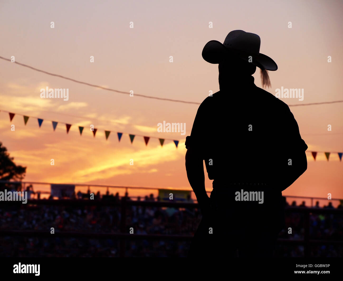 A profilarsi l uomo in un cappello da cowboy sorge in bleachers guardando un rodeo al tramonto. Foto Stock