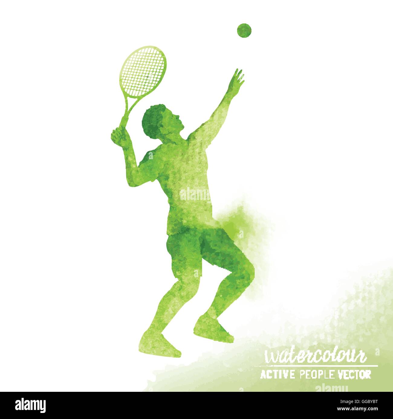 Active tennista circa per colpire una palla da tennis per servire - Acquerello illustrazione vettoriale. Illustrazione Vettoriale