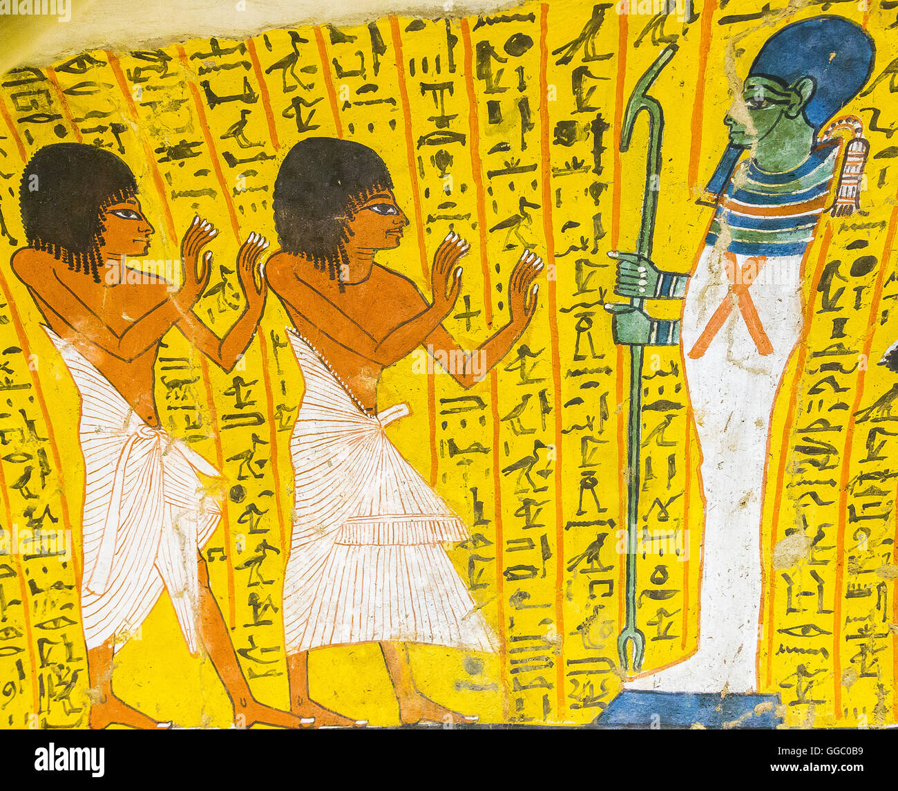 Patrimonio Mondiale dell'UNESCO, Tebe in Egitto, Deir el Medineh, tomba di Irynefer, preghiere davanti al dio Ptah. Foto Stock