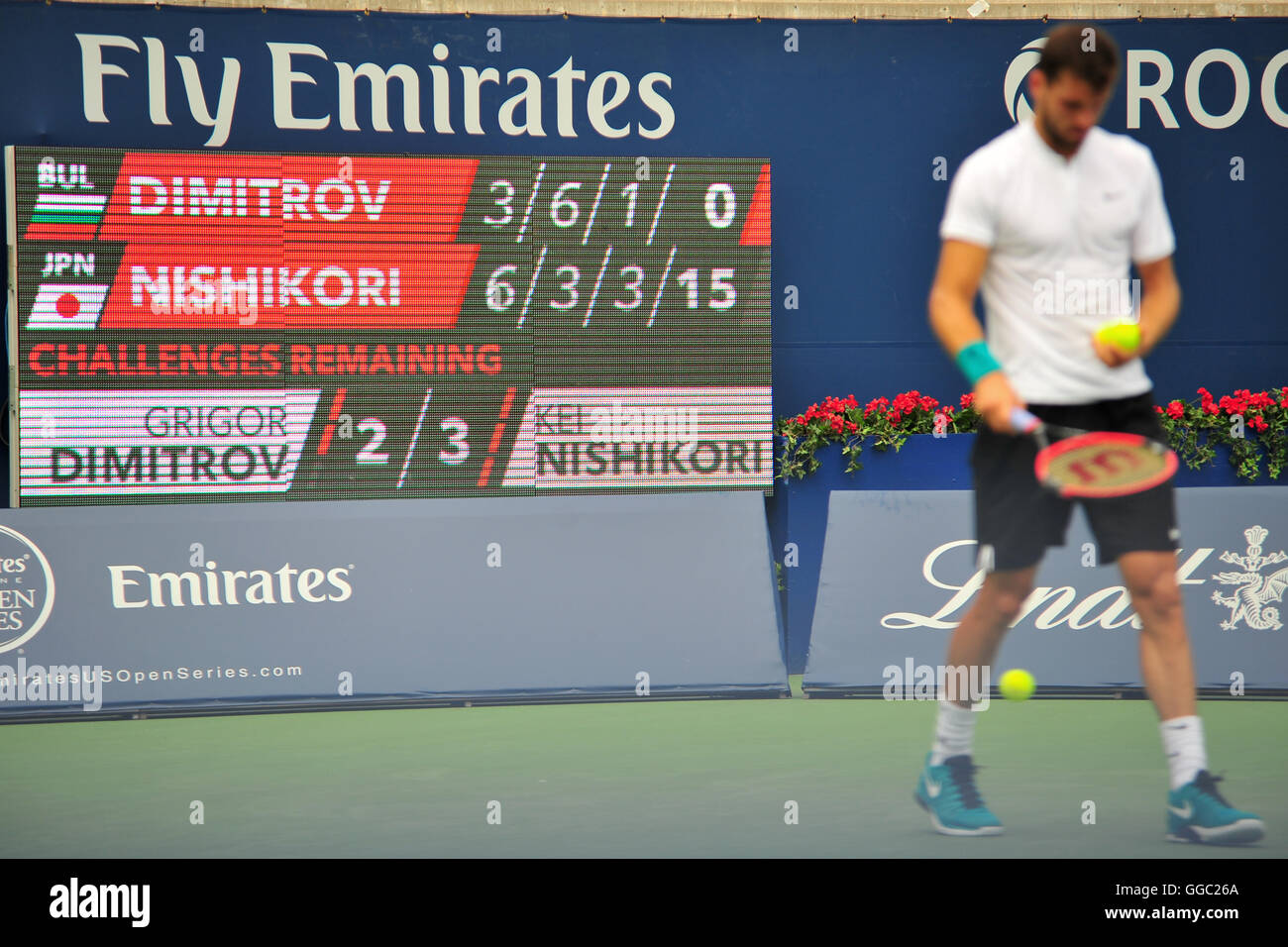 Il quadro di valutazione durante una partita tra Dimitrov e Nishikori al 2016 Rogers Cup di uomini aperti canadese a Toronto. Foto Stock