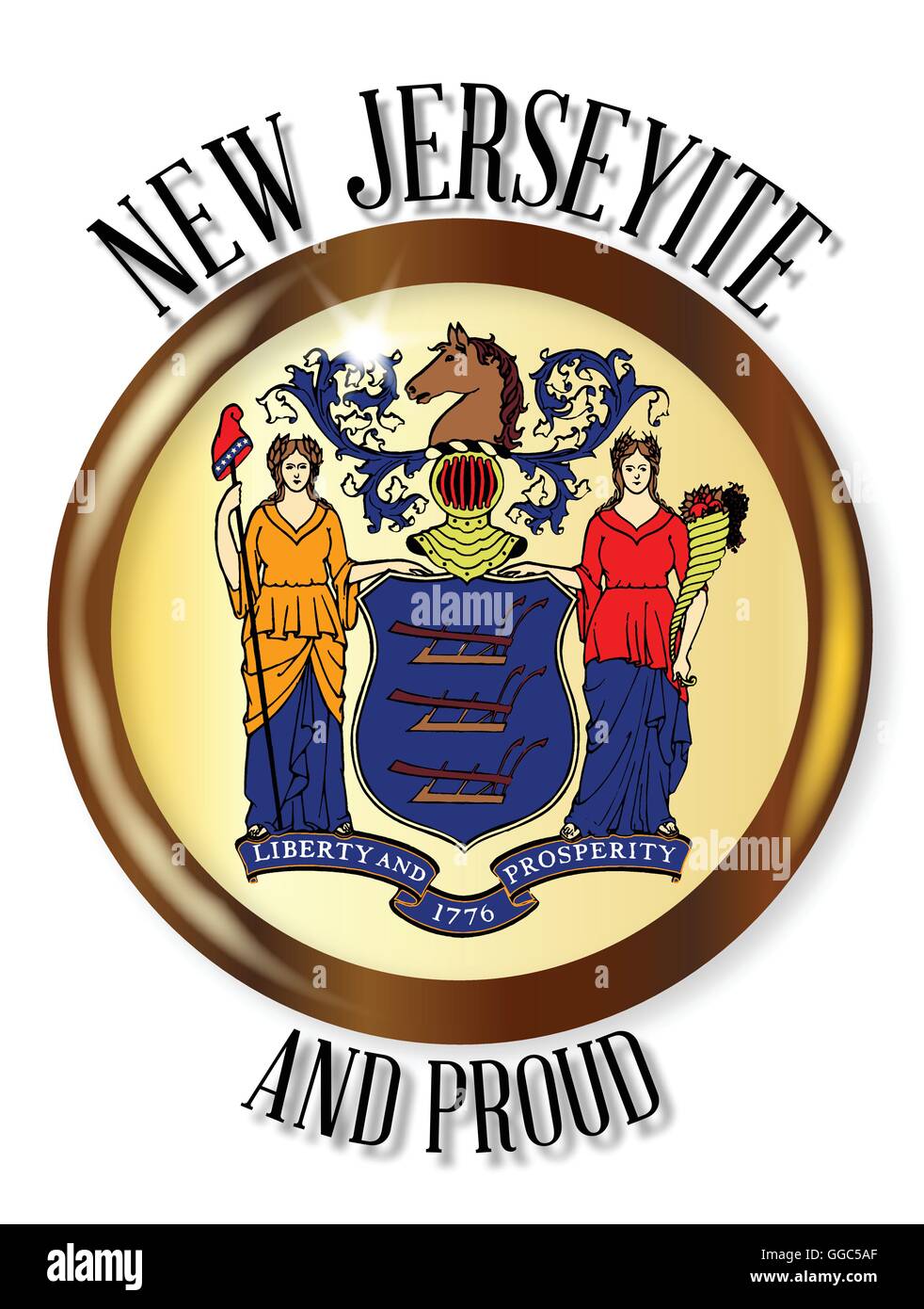New Jersey bandiera di Stato pulsante con un metallo oro bordo circolare su uno sfondo bianco con il testo nuovo Jerseyite e orgoglioso Illustrazione Vettoriale