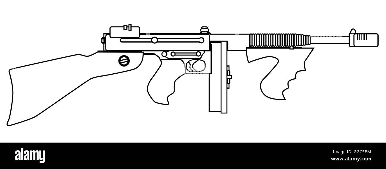 Una pistola di tommy come utilizzato da gangster anni ruggenti, isolato su sfondo bianco. Illustrazione Vettoriale