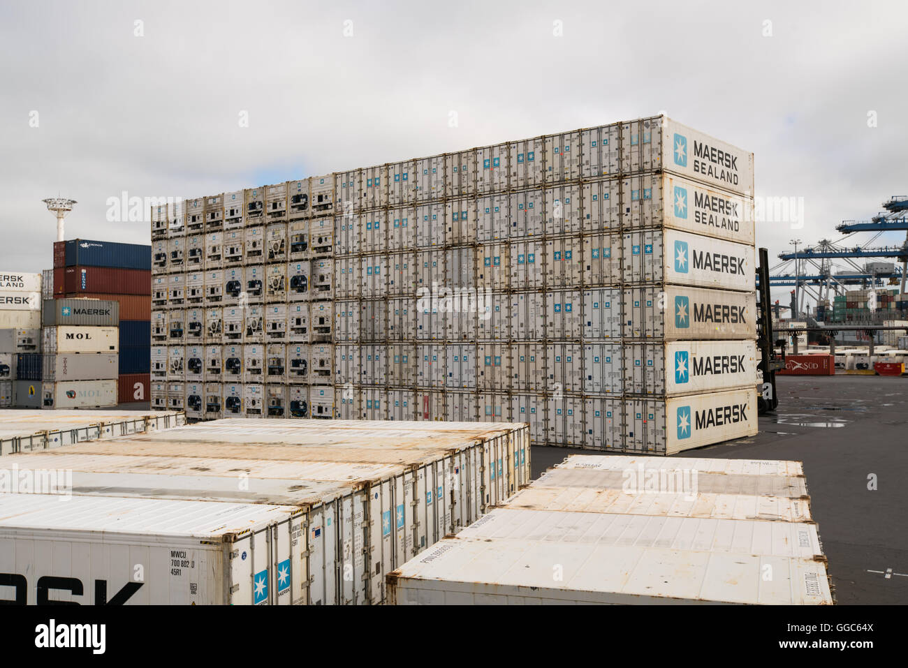 AUCKLAND, NZL -Jan 13 2016:grande nave da carico di contenitori di scarico nei porti di Auckland in Nuova Zelanda. Nuova Zelanda, il porto più trafficato e Foto Stock