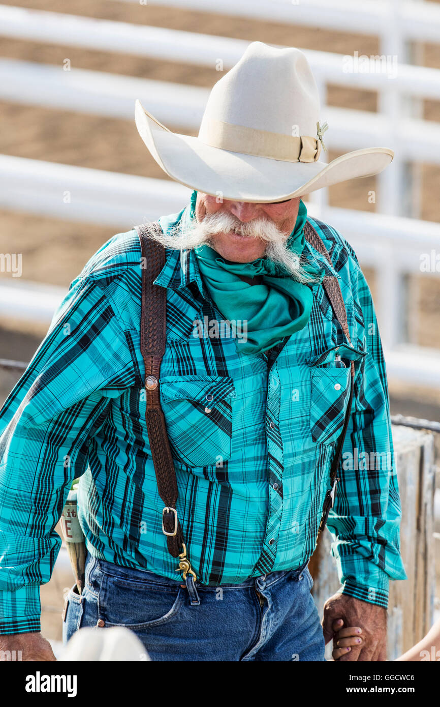 Cowboy con baffi manubrio; Chaffee County Fair & Rodeo, Salida, Colorado, STATI UNITI D'AMERICA Foto Stock