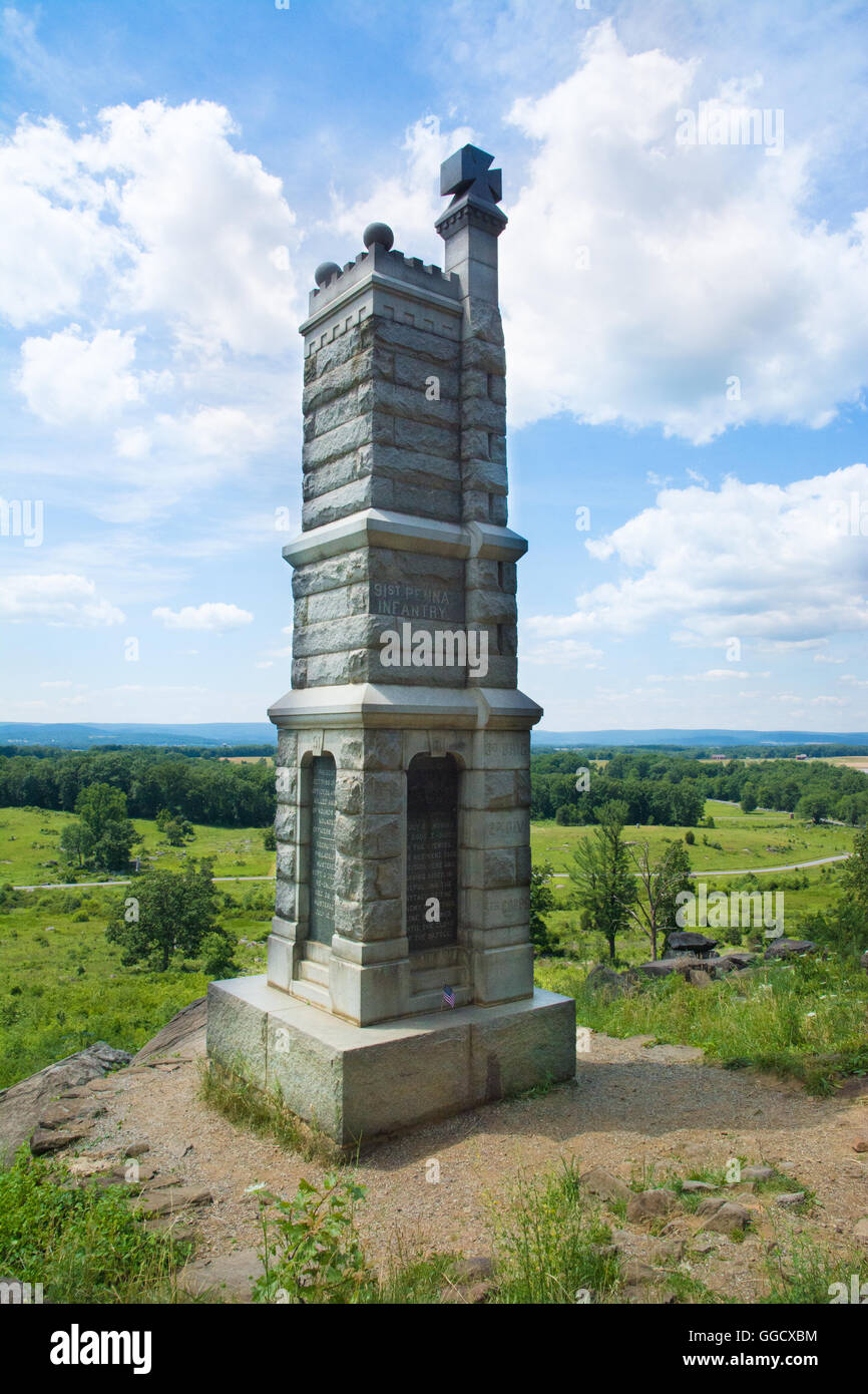 Il monumento al 91Volontari della Pennsylvania si trova a sud di Gettysburg sul vertice del Little Round Top. Foto Stock