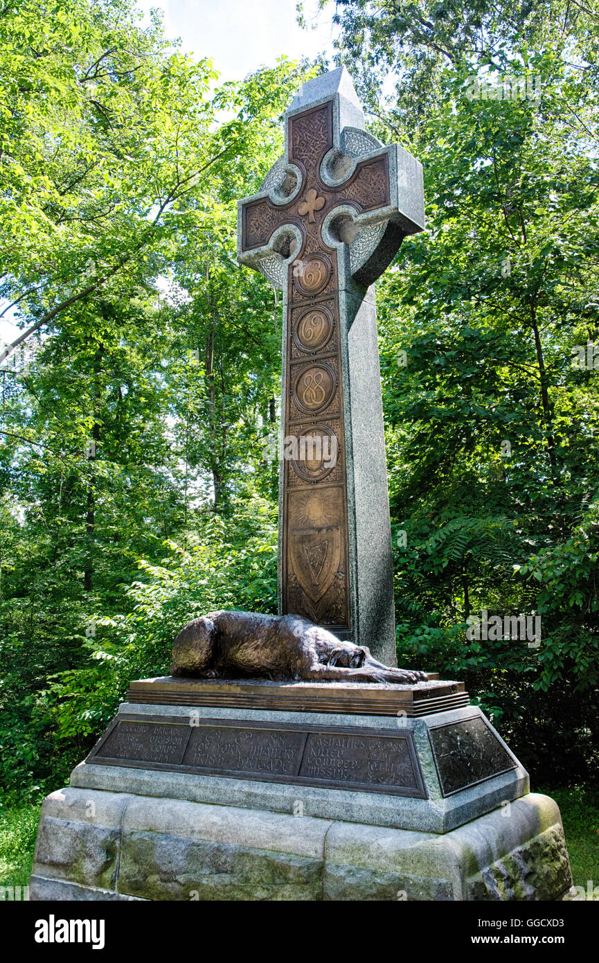 La Brigata irlandese un monumento al Parco Militare Nazionale di Gettysburg, Gettysburg, PA, Stati Uniti d'America onori tre New York reggimenti. Foto Stock