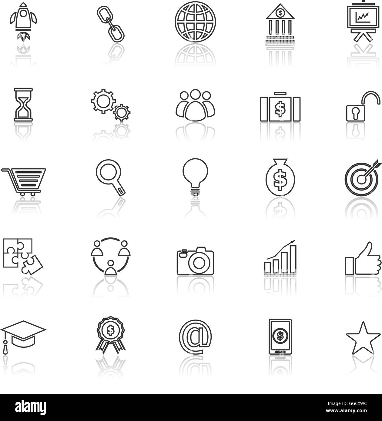 Avviare il linea con le icone di riflettere su sfondo bianco, vettore di stock Illustrazione Vettoriale