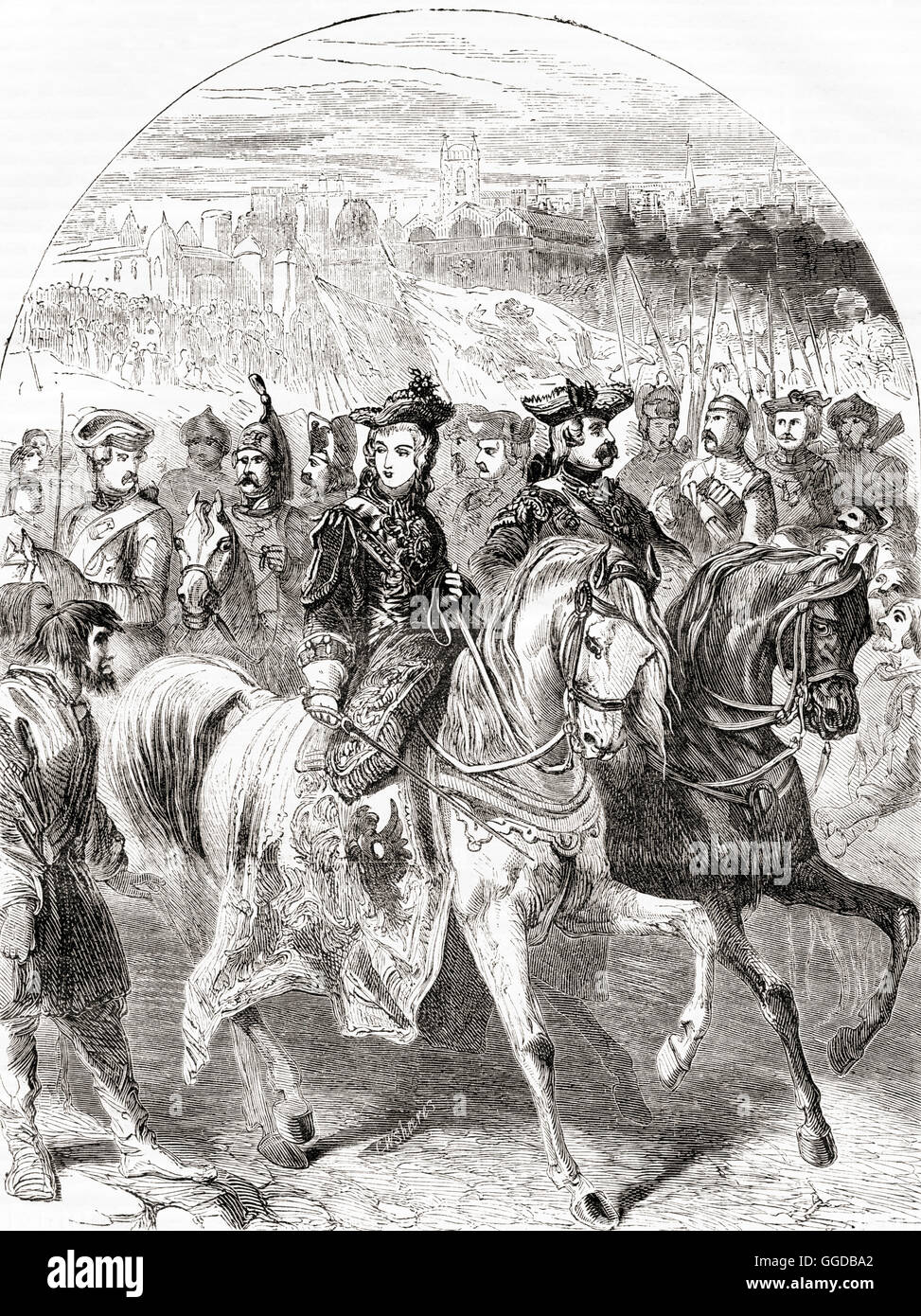 Catherine II supportata dall'esercito a San Pietroburgo, Russia nel 1762 durante il colpo di stato che ha rovesciato il marito Pietro III di Russia. Caterina II di Russia, aka Caterina la Grande, 1729 - 1796. Il tedesco nato imperatrice di Russia. Foto Stock