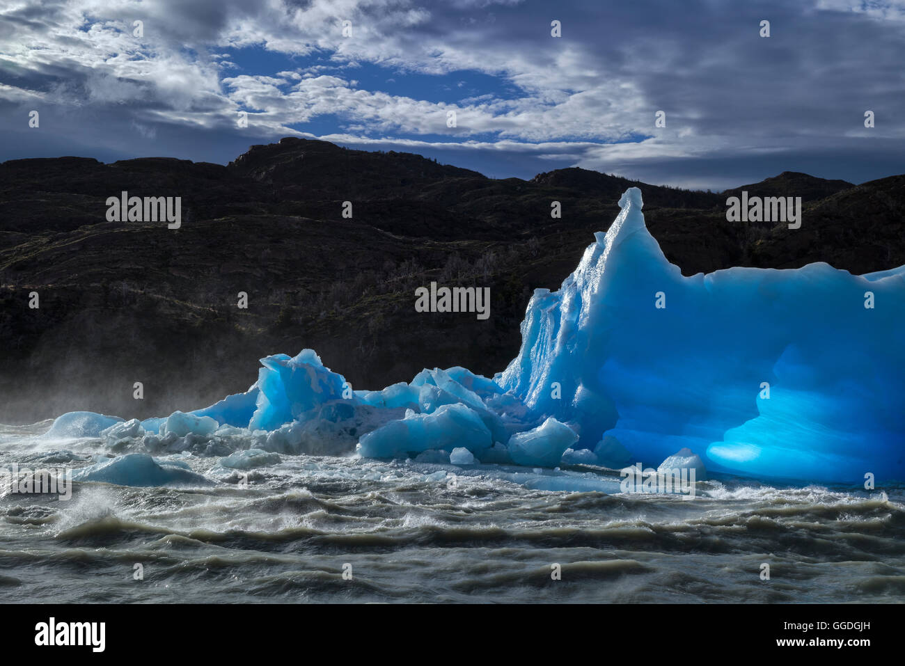 Sud America; Patagonia; Cile; Torres del Paine; Parco nazionale;; UNESCO Patrimonio Mondiale,il Salto Grande, lago Grey Foto Stock