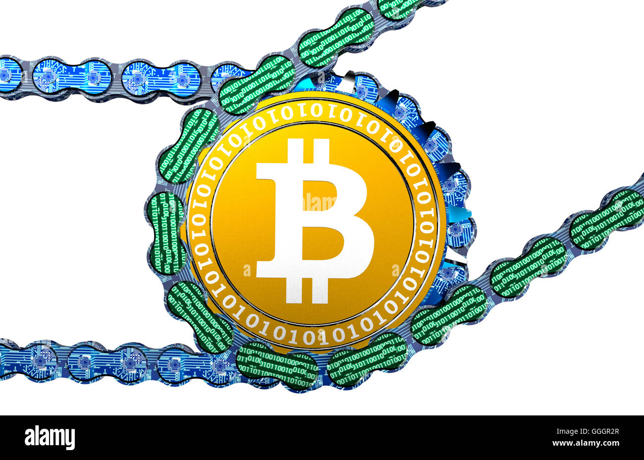 Computer con blockchain bitcoin isolato su bianco, 3d illustrazione Foto Stock