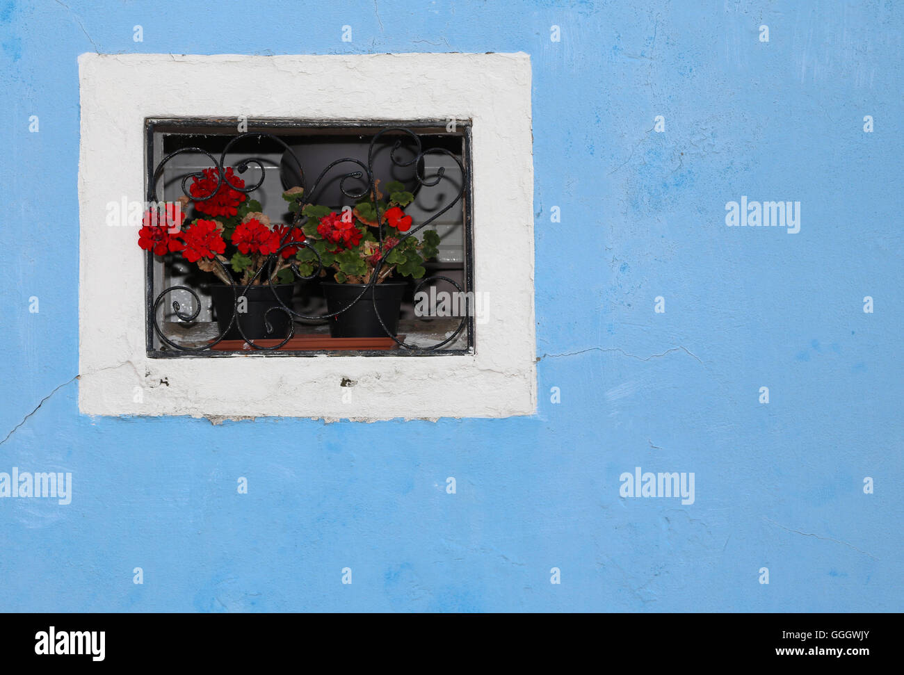 Bellissimo balcone fiorito con una finestra in casa e molti vasi di fiori Foto Stock