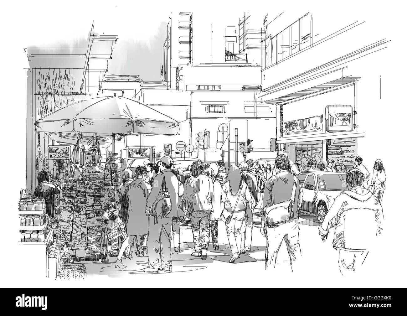 Schizzo della folla di persone in ambito commerciale e trafficata strada Foto Stock