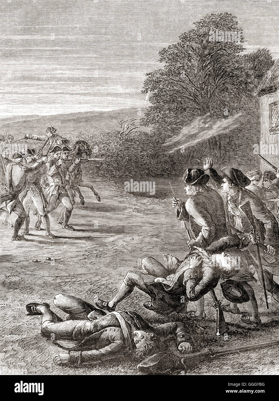 La scaramuccia a Lexington Green, Massachusetts, Stati Uniti d'America, 19 aprile 1775, i primi impegni militari della guerra rivoluzionaria americana. Foto Stock