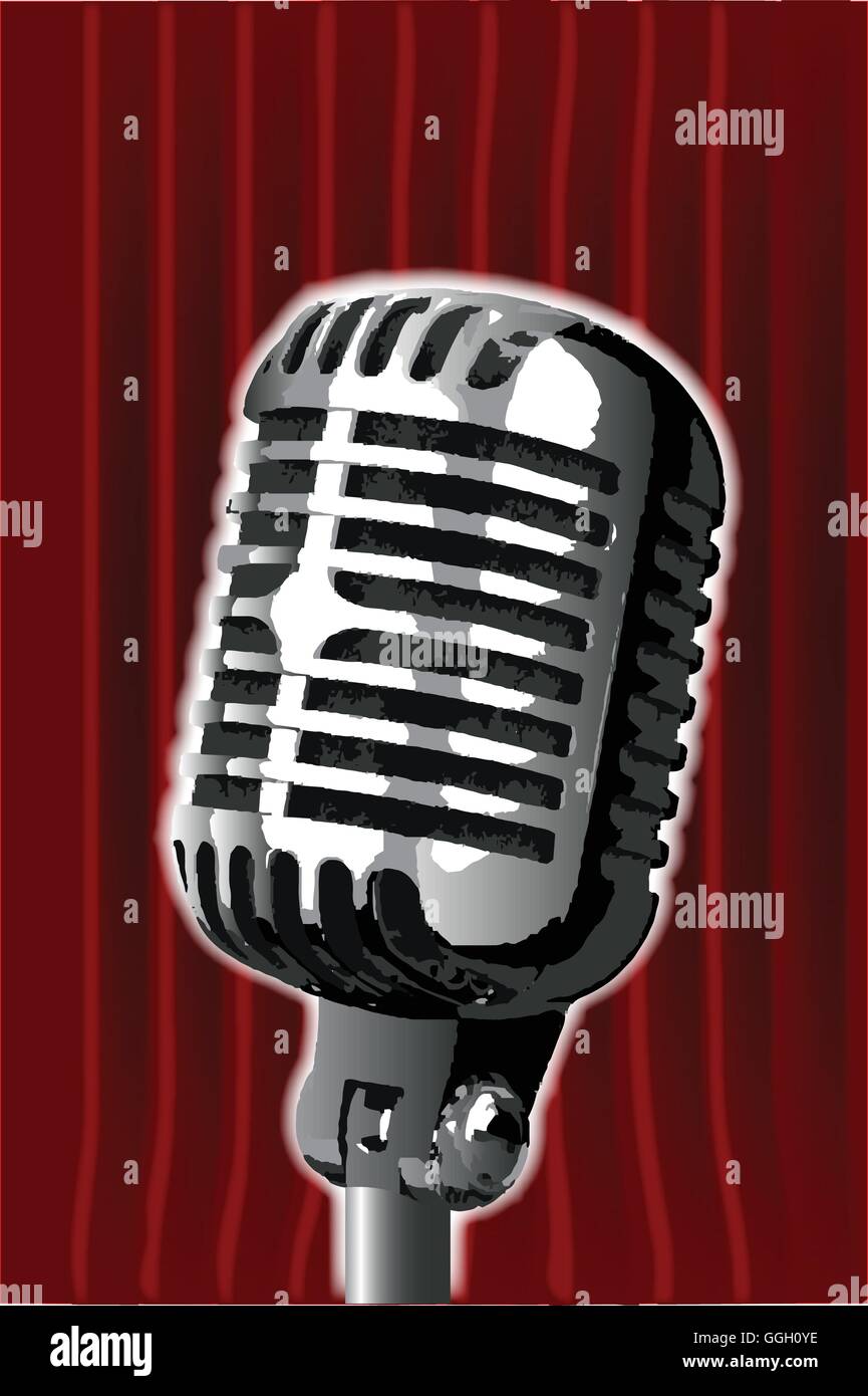 Un microfono pronto sul palco contro un sipario rosso. Illustrazione Vettoriale