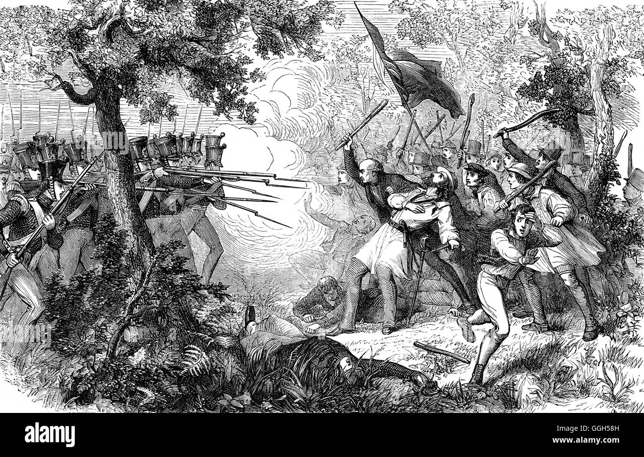 La morte di autoproclamati Sir William Courtenay noto anche come John Nichols Thom la cui predicazione ha trovato sostegno tra i poveri delle zone rurali che protestavano contro i nuovi poveri legge del 1834. Il 29 maggio Courtenay shot una parrocchia constable che cercarono di arrestarlo durante una dimostrazione. Due giorni più tardi una piccola scaramuccia 'Battaglia di legno Bossenden' vicino Hernhill si è verificato in cui otto operai sono stati uccisi o feriti. Courtenany stesso è stato girato dopo l uccisione del tenente Henry Bennett. Foto Stock