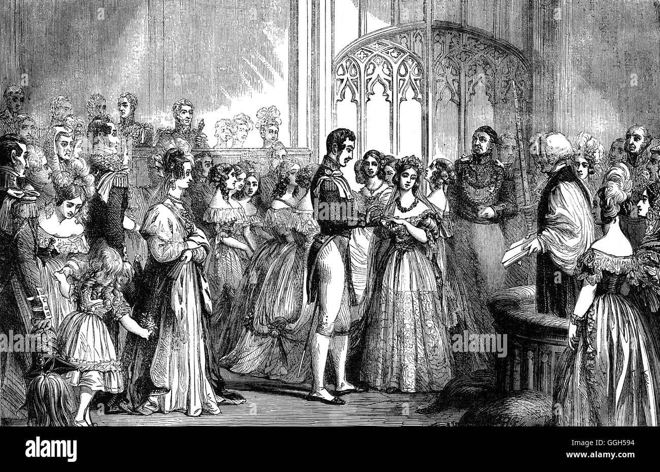 Il matrimonio della regina Vittoria e il principe Albert, il 10 febbraio 1840 il matrimonio in febbraio il primo matrimonio di un regnante regina inglese poiché Bloody Mary quasi 300 anni prima, si è tenuto presso la cappella reale presso il St James's Palace di Londra, Inghilterra Foto Stock