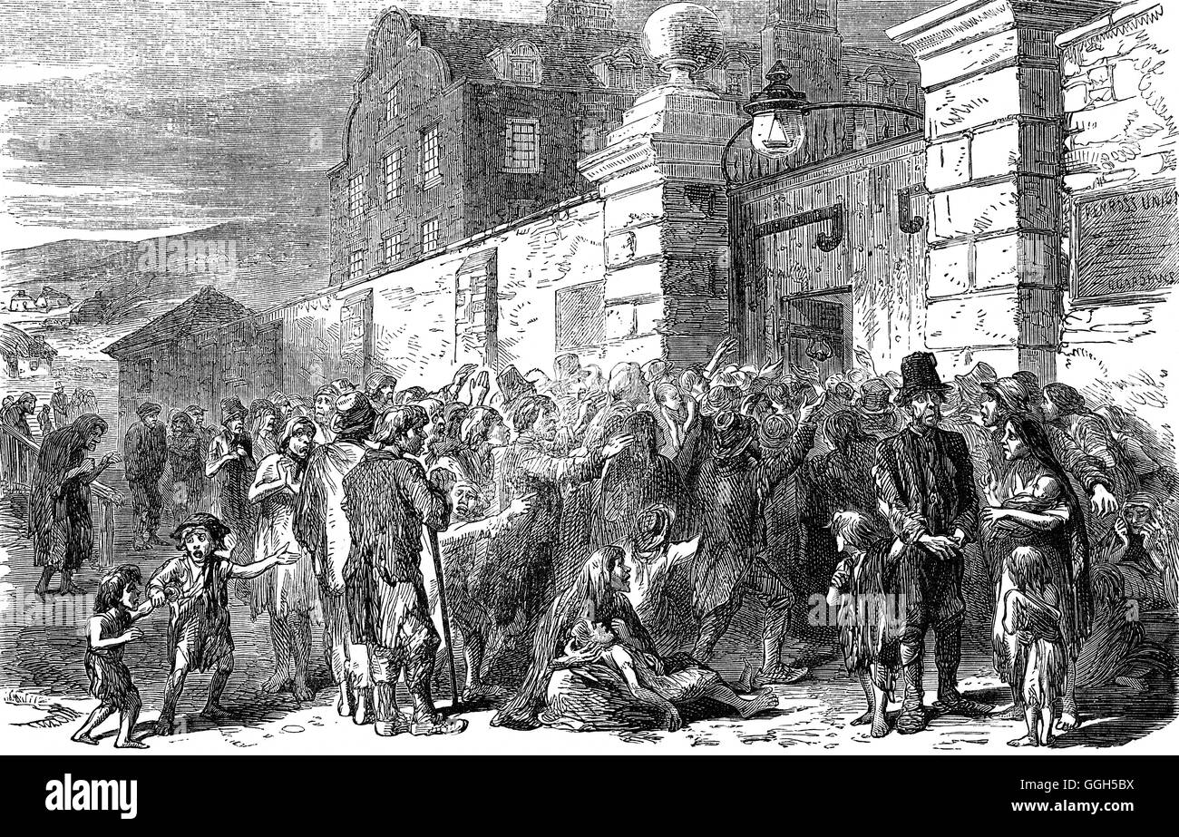 La disperata scena al di fuori di un fabbricato durante la Grande carestia o la grande fame è stato un periodo di morte per inedia di milioni di persone, la malattia e l'emigrazione in Irlanda tra il 1845 e il 1852. Foto Stock