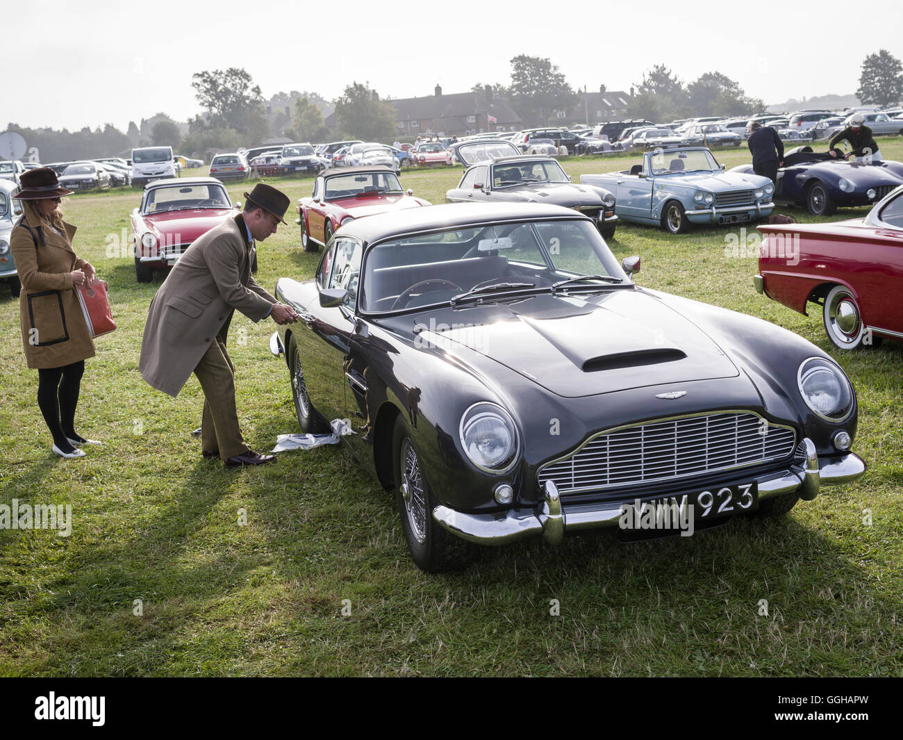 Aston Martin DB5, visitatore area di parcheggio, Goodwood 2014, Racing Sport, Classic Car, Goodwood, Chichester, Sussex, Inghilterra, Foto Stock