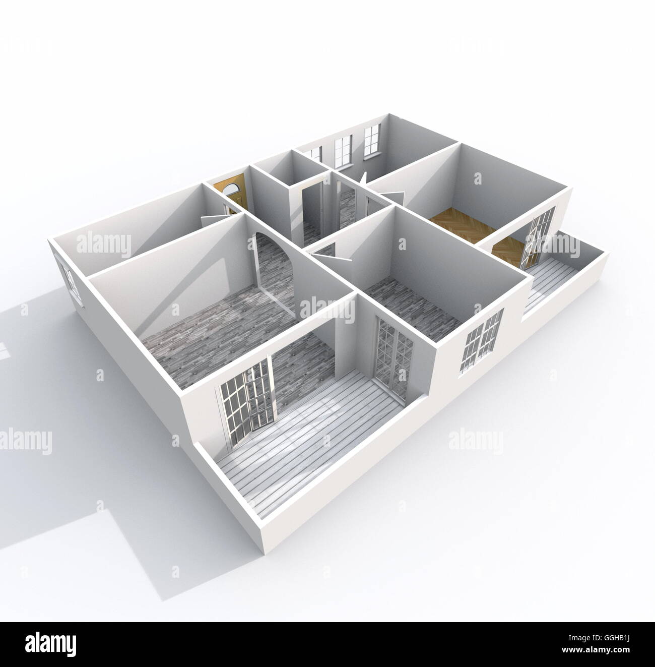 3D Interni rendering vista prospettica del vuoto modello di carta home appartamento con due balconi Foto Stock