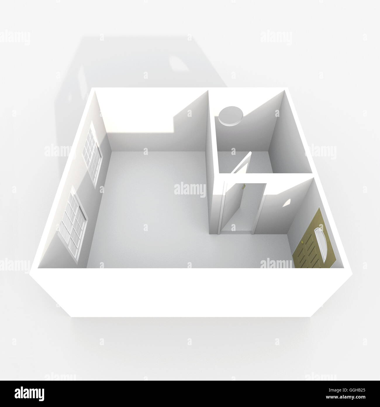 3D Interni rendering vista prospettica del vuoto modello carta hotel room apartment Foto Stock