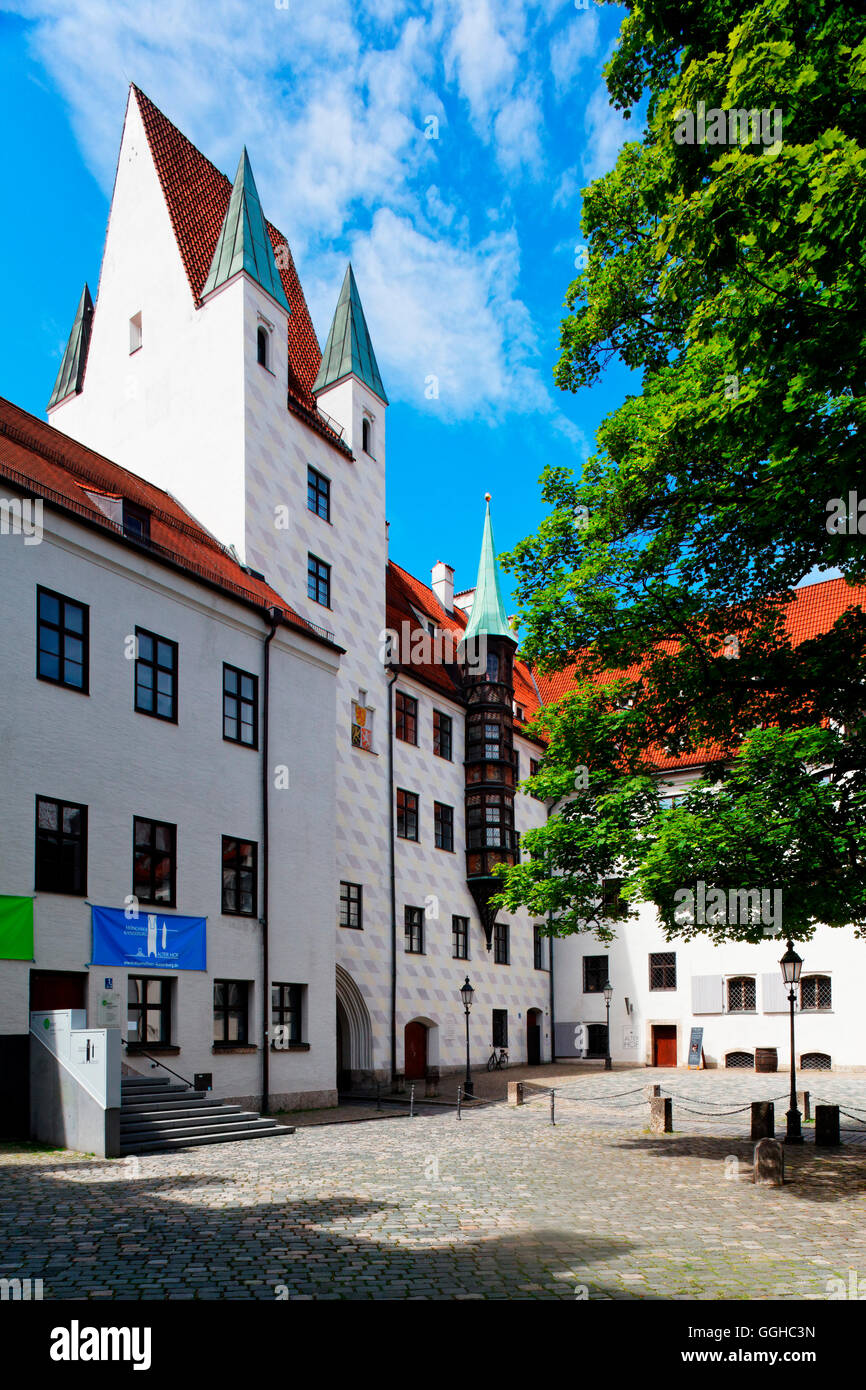 Torre di Porta a Burgstrasse e Affenturm, Alter Hof, Monaco di Baviera, Baviera, Baviera, Germania Foto Stock