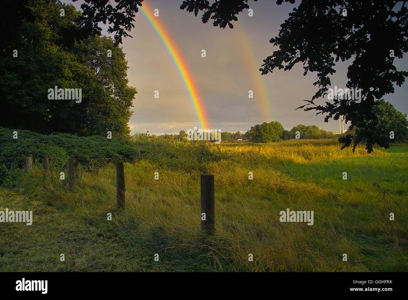 Rainbow oltre il paesaggio, pascolo / Regenbogen über Landschaft in Bremen-St Magnus Foto Stock