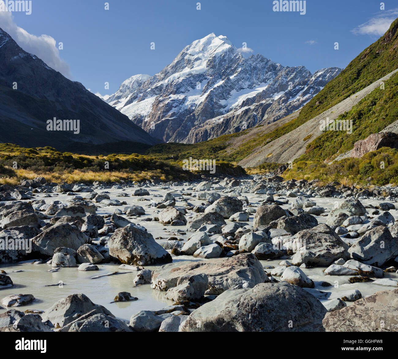 Aoraki, Hooker River, Parco nazionale di Mount Cook, Canterbury, Isola del Sud, Nuova Zelanda Foto Stock