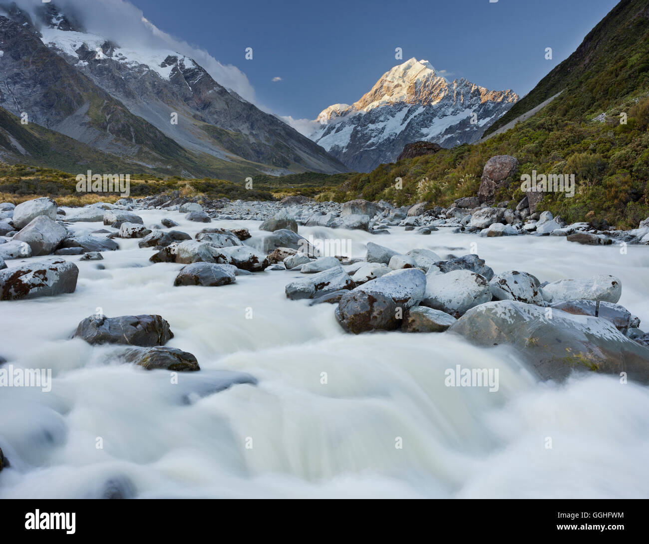 Aoraki, Hooker River, Parco nazionale di Mount Cook, Canterbury, Isola del Sud, Nuova Zelanda Foto Stock