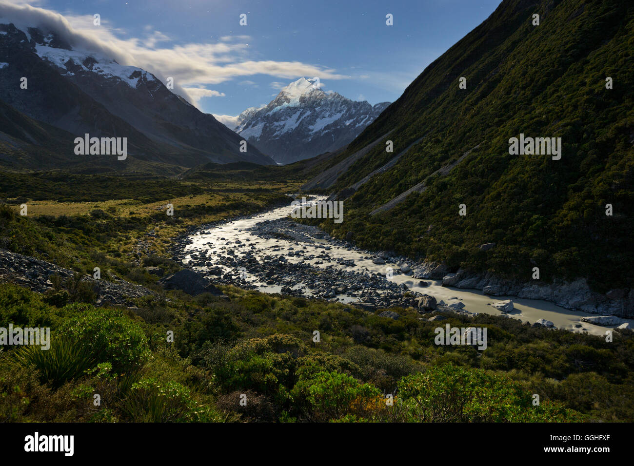 Aoraki, Hooker River, Parco nazionale di Mount Cook, Canterbury, Isola del Sud, Nuova Zelanda Foto Stock