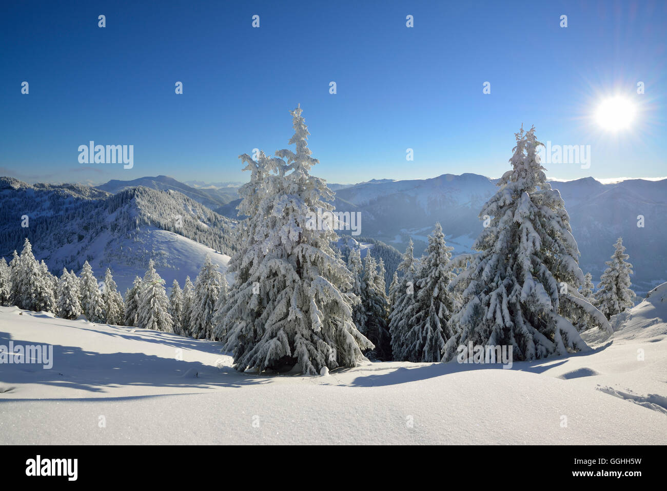 In inverno le montagne paesaggio, Breitenstein Mangfall, montagne, Prealpi bavaresi, Alta Baviera, Germania Foto Stock