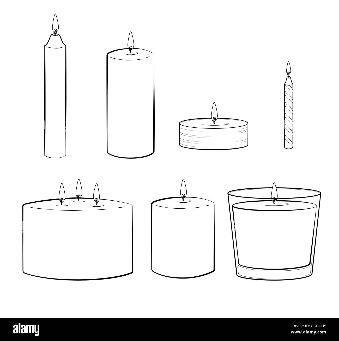 Set di candele bastoni: pilastro candela, contenitore o barattolo candela, conicità candela, lumicino, multi stoppino candela, party candela. Illustrazione isolato. Vettore. Illustrazione Vettoriale