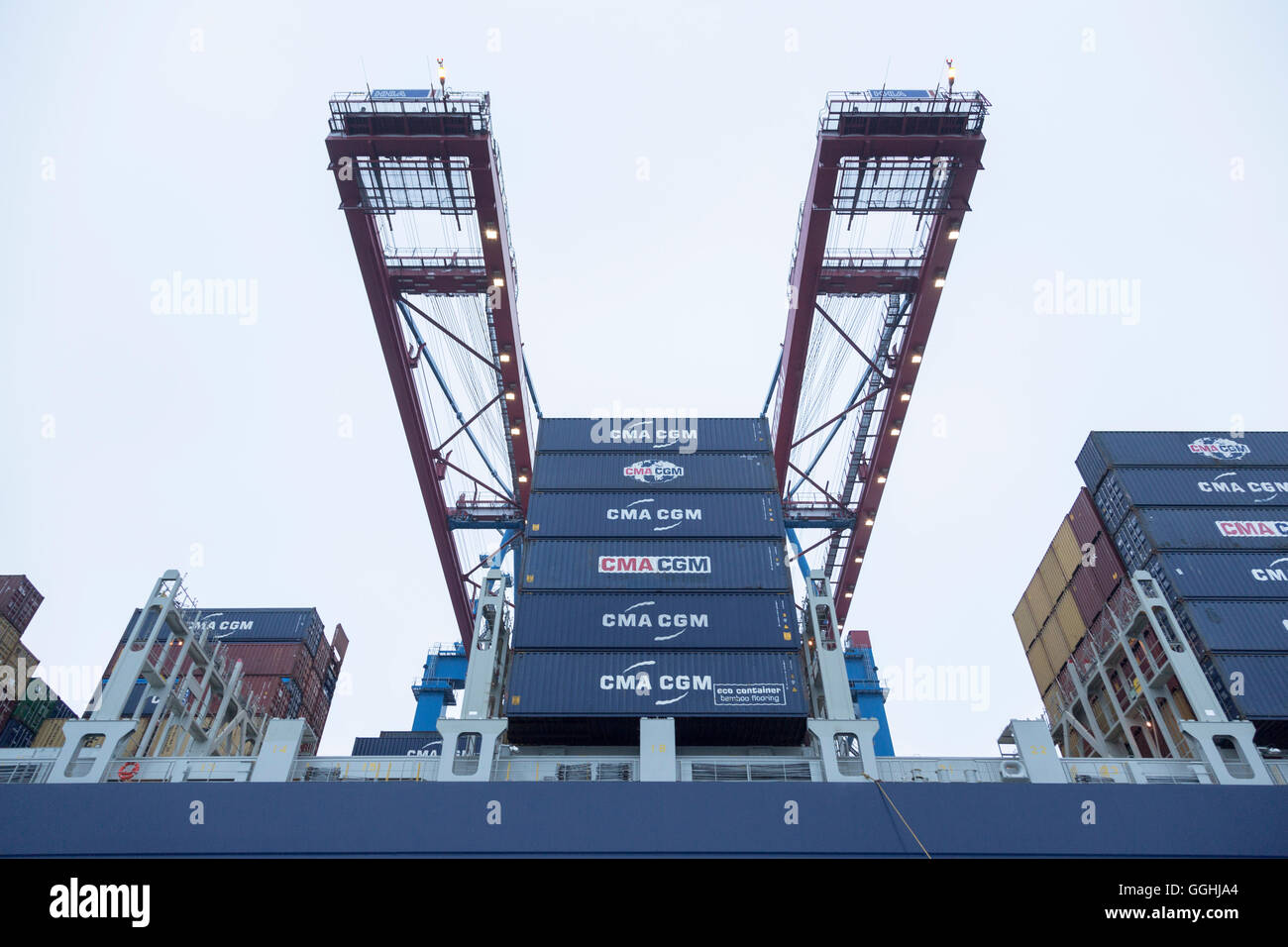 Il carico e lo scarico del contenitore nave nel terminale per container Burchardkai di Amburgo, Germania Foto Stock