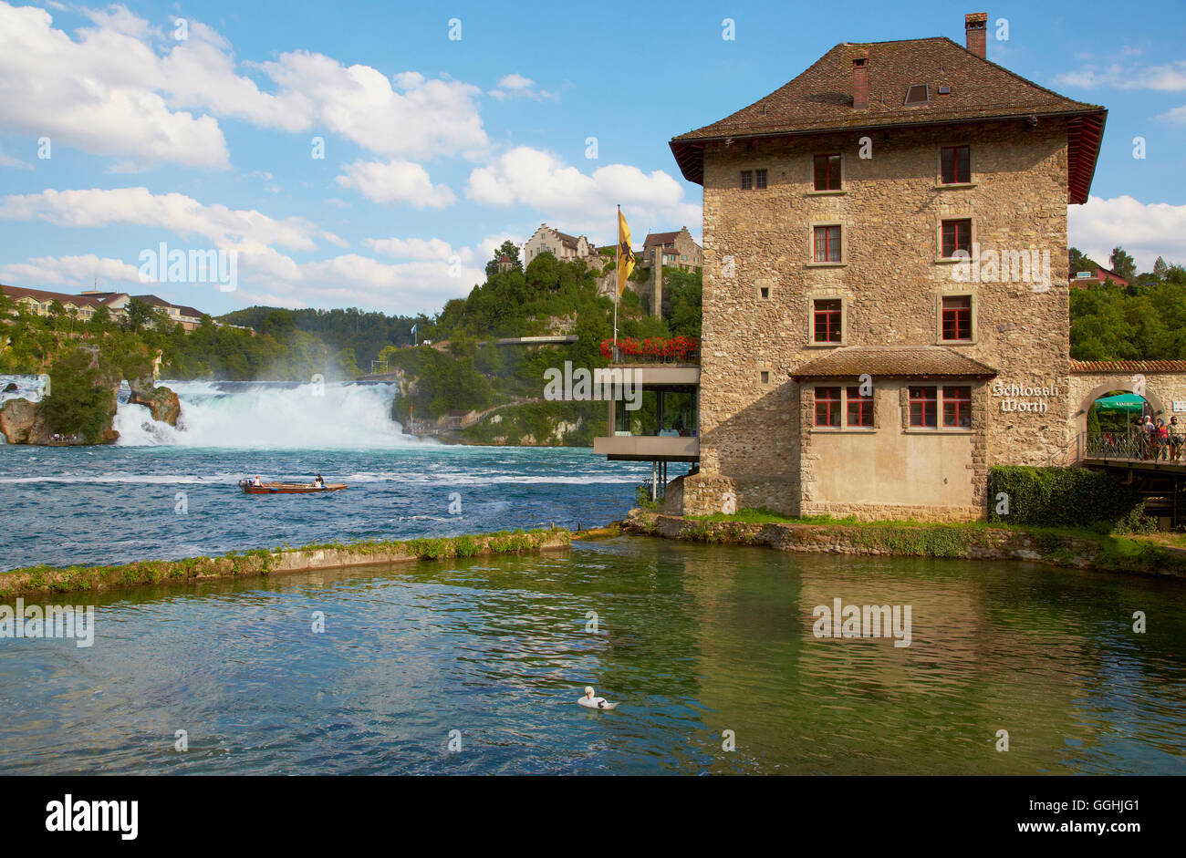 Woerth Castello con il Rheinfall a Sciaffusa e Laufen Castello, cascata, il fiume Reno nel Canton Sciaffusa, Svizzera Foto Stock