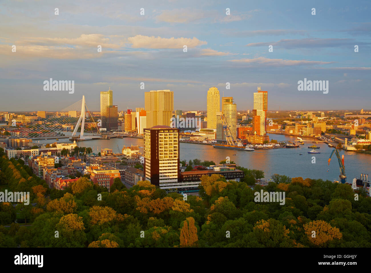 Vista del porto di Rotterdam, Hotel New York skyline, Ponte Erasmo, Provincia di Paesi Bassi meridionali, South Holland, Paesi Bassi Foto Stock