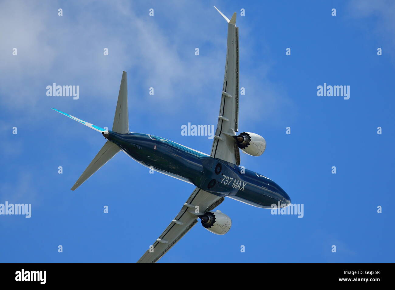 Boeing 737MAX Experimental Plane è presente al Farnborough International Airshow, Hampshire, Regno Unito Foto Stock