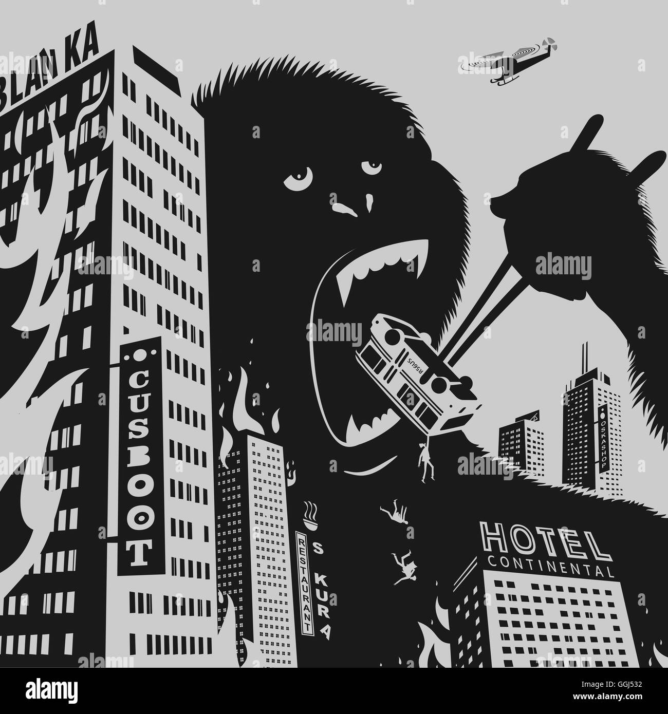 Grande Gorilla distrugge città Illustrazione Vettoriale