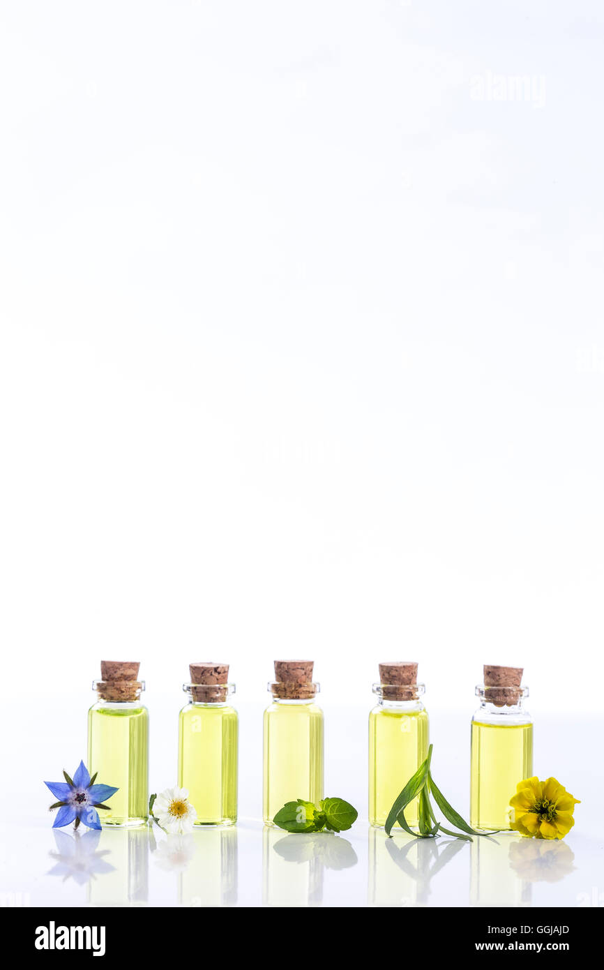 Oli essenziali e fiori di medicina di erbe Foto Stock