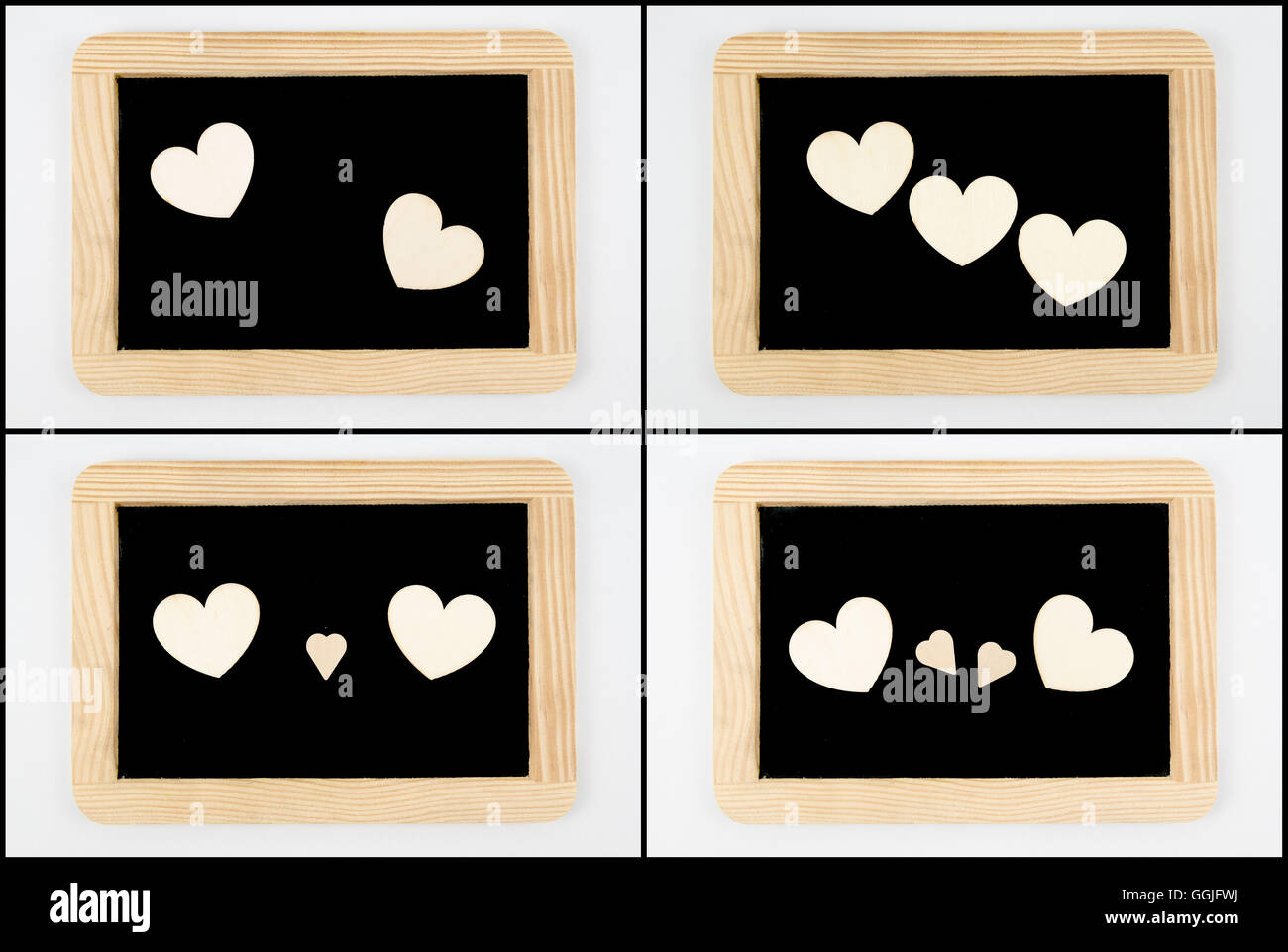 Photo Collage di Vintage lavagne con telaio in legno isolato su bianco, craft forme di cuore, la creatività e il concetto di amore Foto Stock