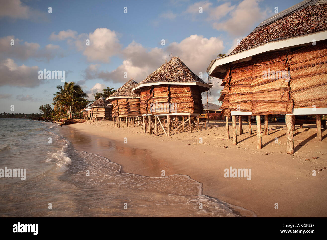 Fale, tipica casa di Samoa come alloggio turistico sulla spiaggia di Savai'i, Samoa Occidentale, Meridionale Isole del Pacifico Foto Stock