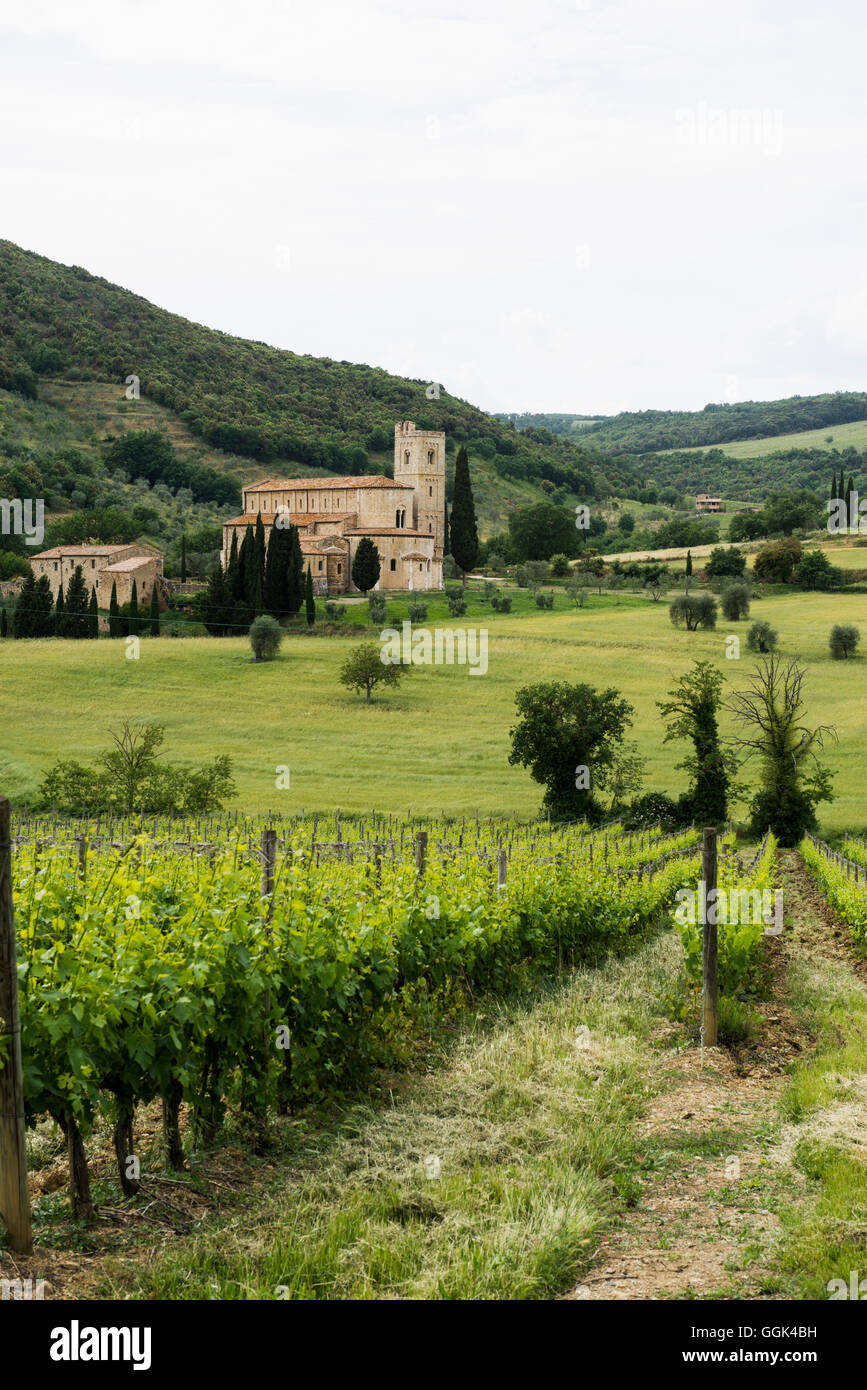 Abbazia di Sant'Antimo vicino a Montalcino, Val d'Orcia, in provincia di Siena, Toscana, Italia, patrimonio mondiale dell UNESCO Foto Stock