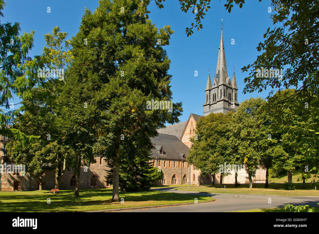 Vista dalla parte chiusa della psichiatria forense verso gli edifici storici di Haina monastero, Haina, Hesse, Germania, UE Foto Stock