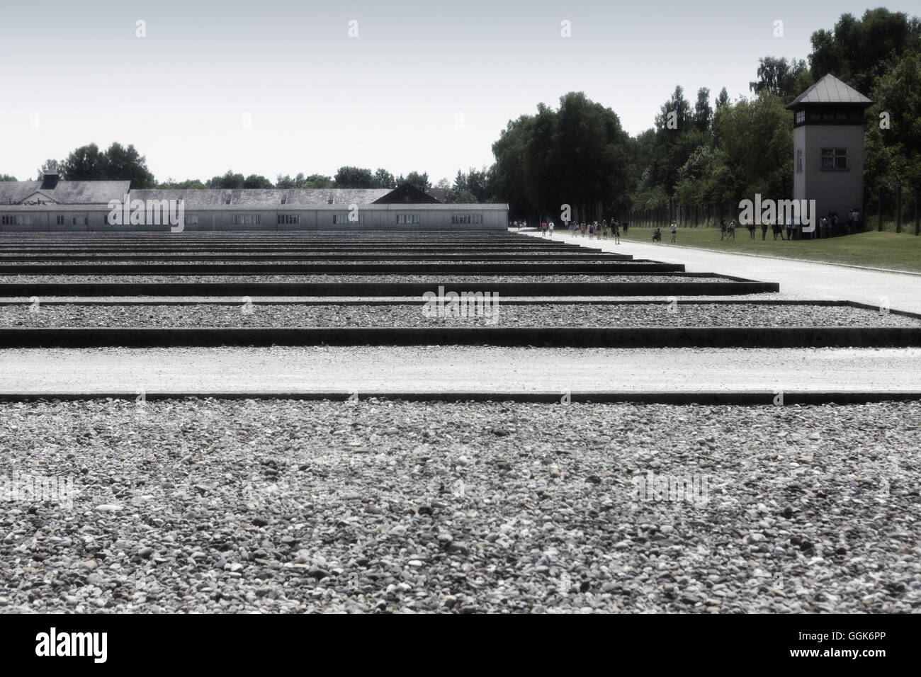 Motivi e ex-barrack fondazioni, concentrazioni di Dachau Camp, Dachau, Monaco di Baviera, Germania Foto Stock
